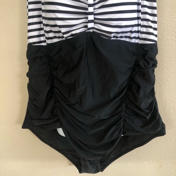 Daci Retro Colorblock Stripes Tummy Control Ruched One Piece Swimsuit Plus 28W - Picture 6 of 13